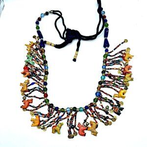 African Boho Multicolor GlassBead Carved Animal Fringe Tribal Statement Necklace